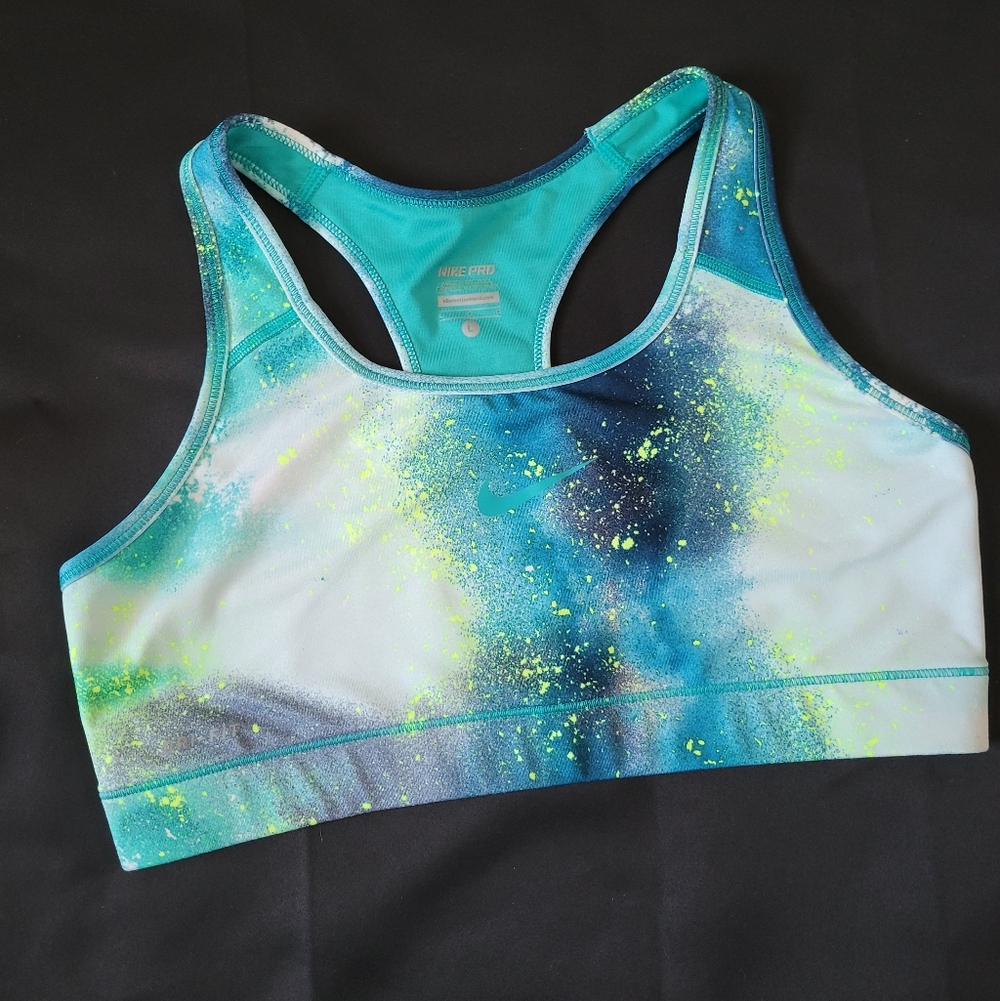 Nike Large Sports Bra Teal Blue Green Splatter Gym Top Workout Running Y2K